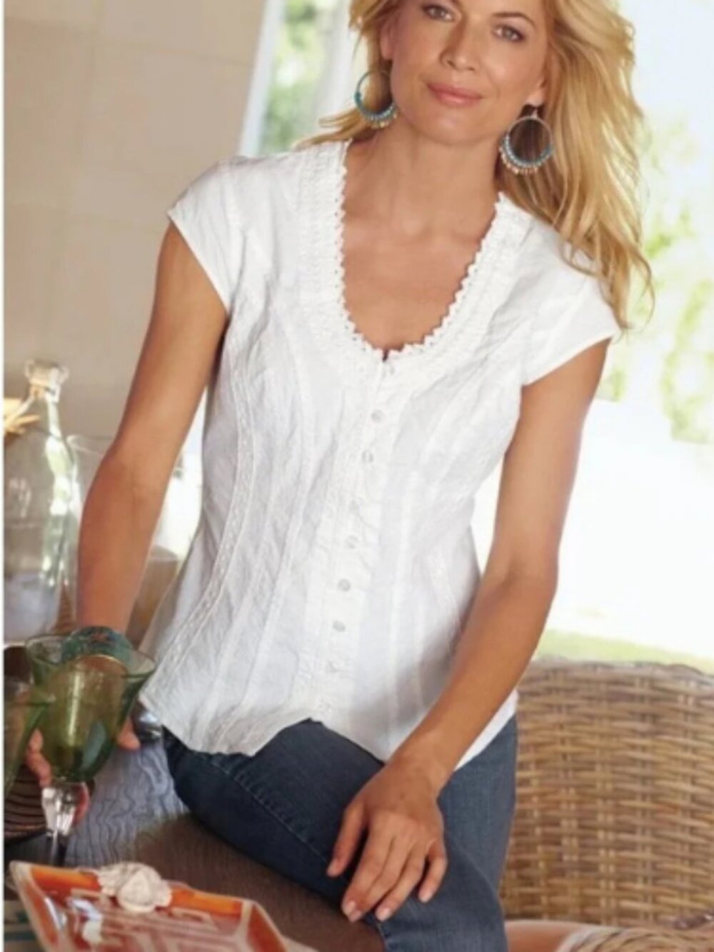 Soft Surroundings Taos Embroidered Applique Button Down Cap Sleeve Top